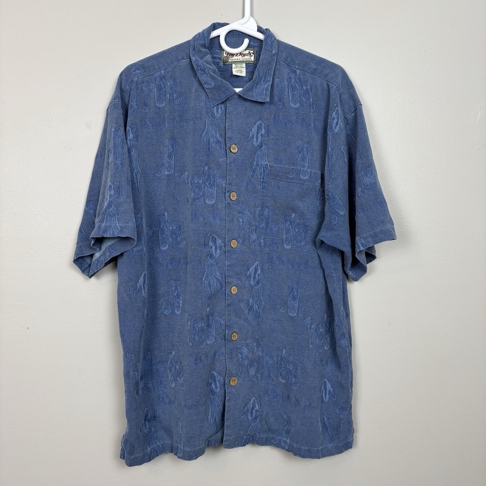 Vintage‎ Big Dogs Mens Large Blue Hawaiian Short Sleeve Button Up Shirt Resort